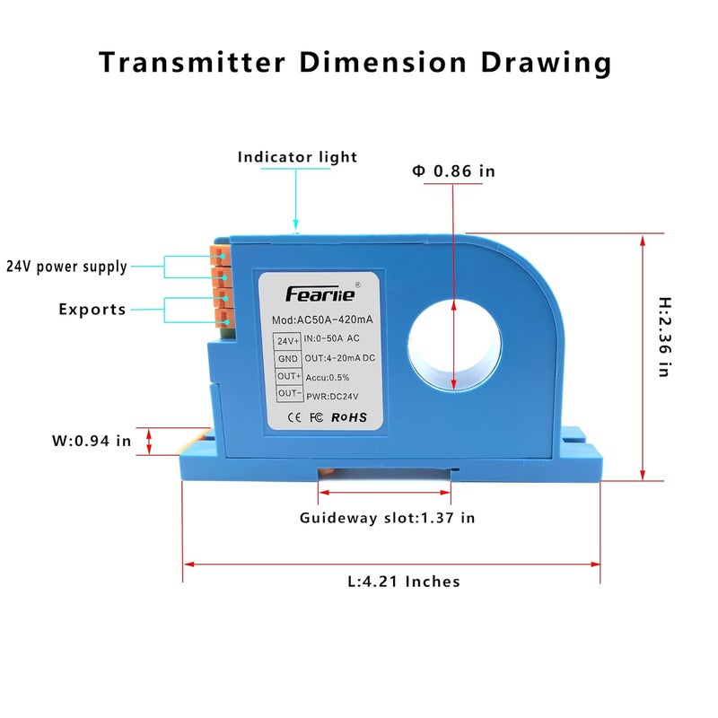 FEARLIE AC Current Transmitter,Hall DC Sensor,Output to PLC or Instrument,High Precision Perforated Sensing Current 0-50V-420mA - Image 2